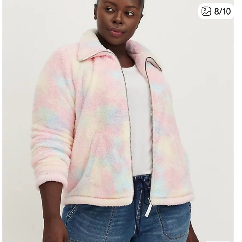 Nearly new! Torrid size 1 (1X) Pastel Rainbow Tie Dye Teddy Sherpa Zip Up Jacket - Picture 2 of 11
